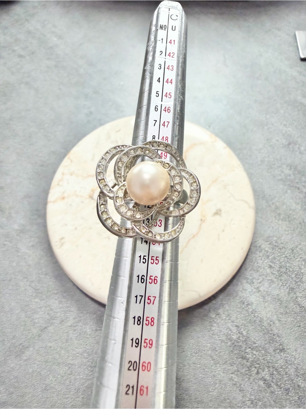 Large Rose Statement Ring Open Work Sliver Tone With Clears Stones Faux Pearl